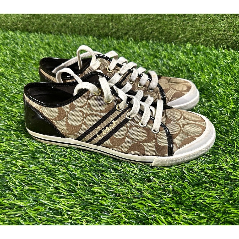 Coach Signature Logo Canvas Low Top Lace-Up Sneakers Brown/Beige Womens Athletic